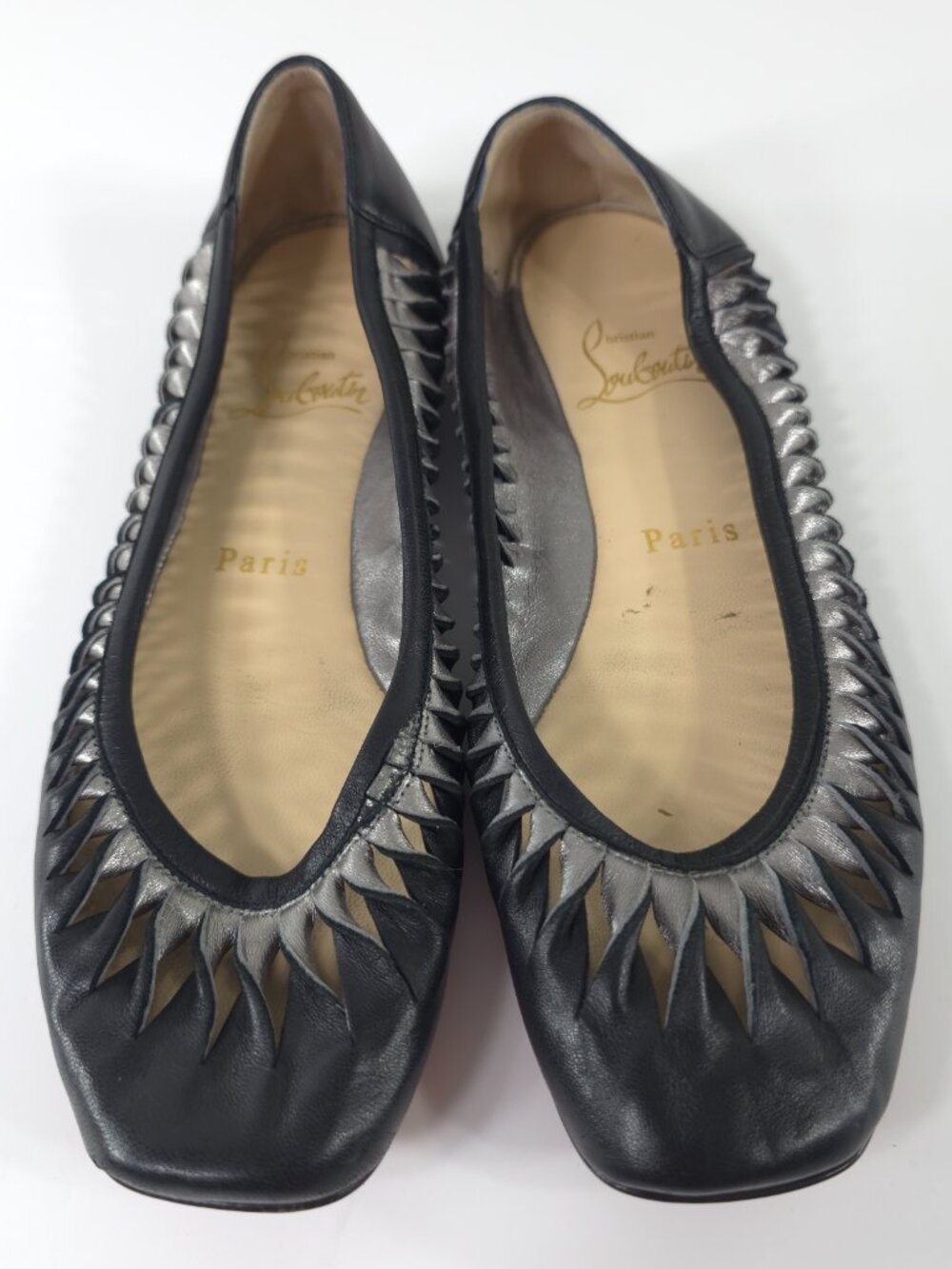CHRISTIAN LOUBOUTIN BLACK SILVER LEATHER BALLET FLATS RED BOTTOM SHOES SIZE 36
